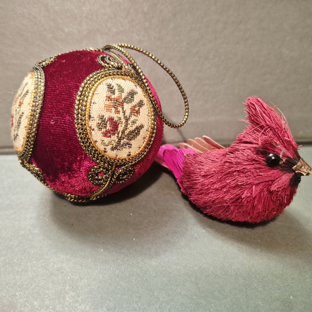 Vintage Burhundy Velvet Cross Stich Ball Red Bird Ornaments Hol8day Christmas